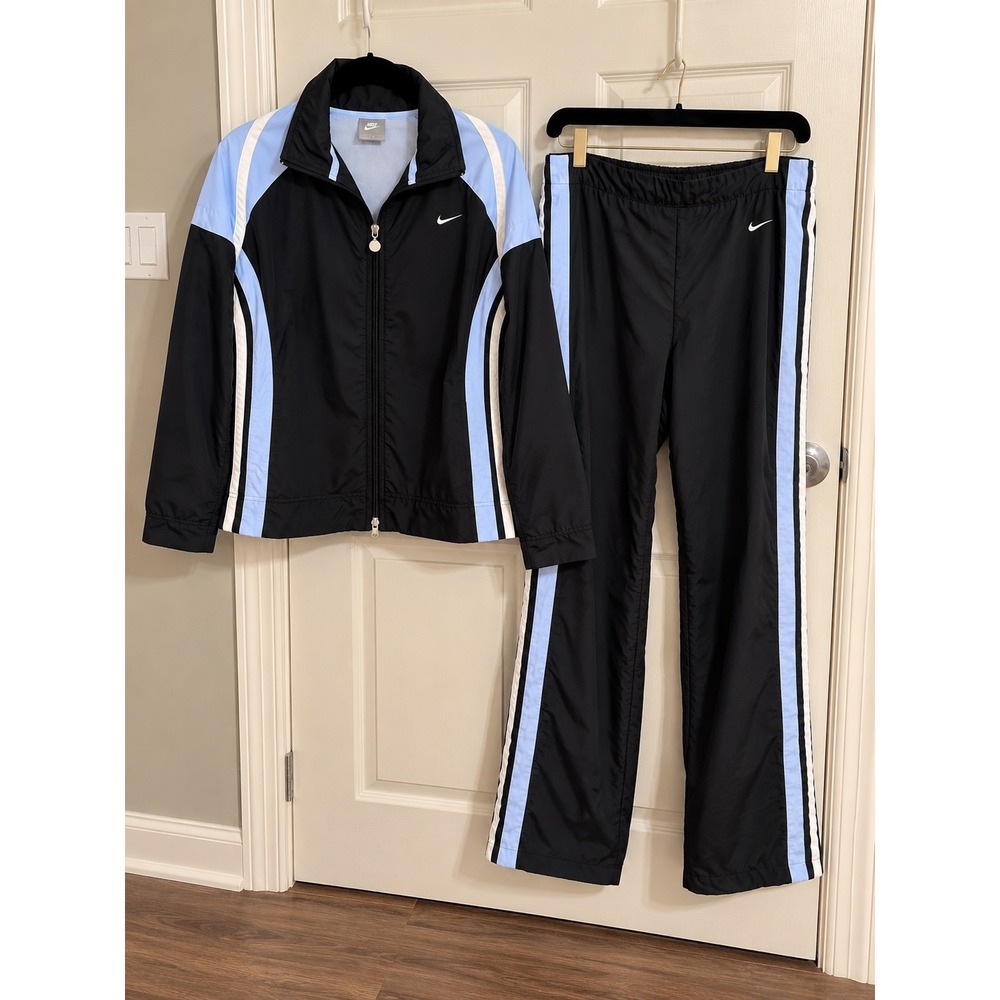 Vintage Nike 2 Piece Track Suit Women XL Black Blue White Jacket Pants